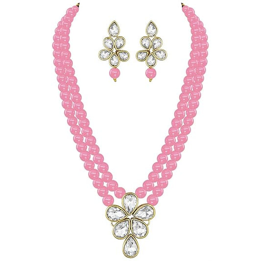 LukGud 18k Gold Plated Traditional Kundan & Pearl Studded Necklace Jewellery Set For Women