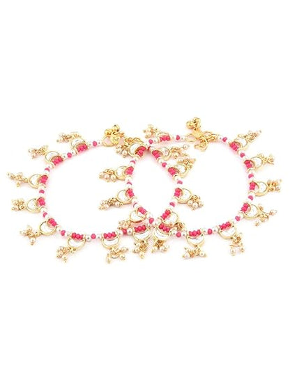 LukGud  Pink Crystals Beaded Crescent Shape Kundan Drop Anklets (2 Payals) For Women