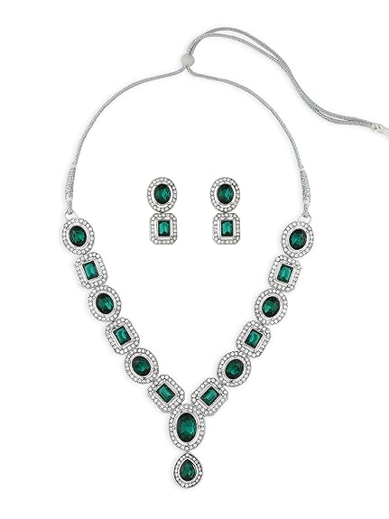 LukGud  Green Stones & Dazzling Austrian Diamonds Embellished Necklace & Earring Set For Women