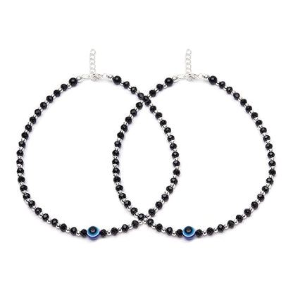 LukGud 925 Sterling Silver Evil Eye Adjustable Rhodium Plated Beaded Anklet (Pair) | Gift for Women & Girls