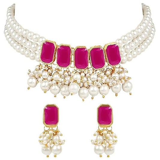 LukGud White Pearl Choker Necklace Jewellery Set with Earrings for Women And Girls