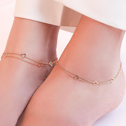 LukGud 925 Sterling Silver Layered Rose Gold Plating Hearts Anklets (Pair) | Gift for Women & Girls