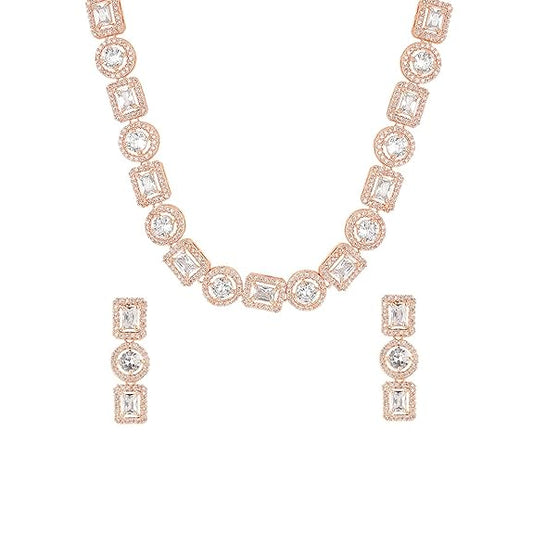 LukGud American Diamond Rhodium Rose Gold Plated AD Necklace Jewellery Set for Women