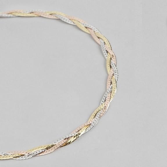 LukGud Silver Braided Triple Tone Multicolour Rhodium, Gold and Rose Gold Plated Chain Anklet