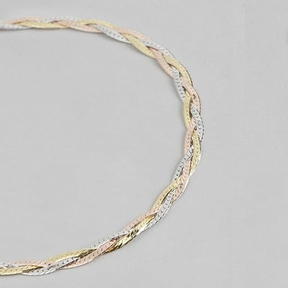 LukGud Silver Braided Triple Tone Multicolour Rhodium, Gold and Rose Gold Plated Chain Anklet