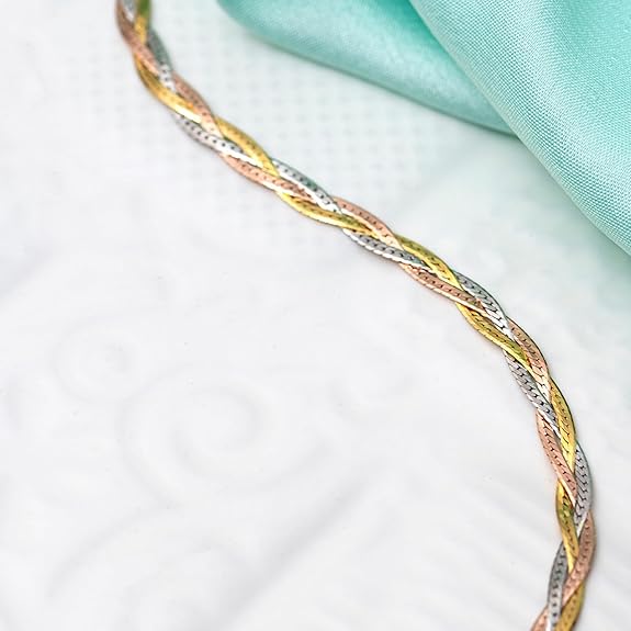 LukGud Silver Braided Triple Tone Multicolour Rhodium, Gold and Rose Gold Plated Chain Anklet