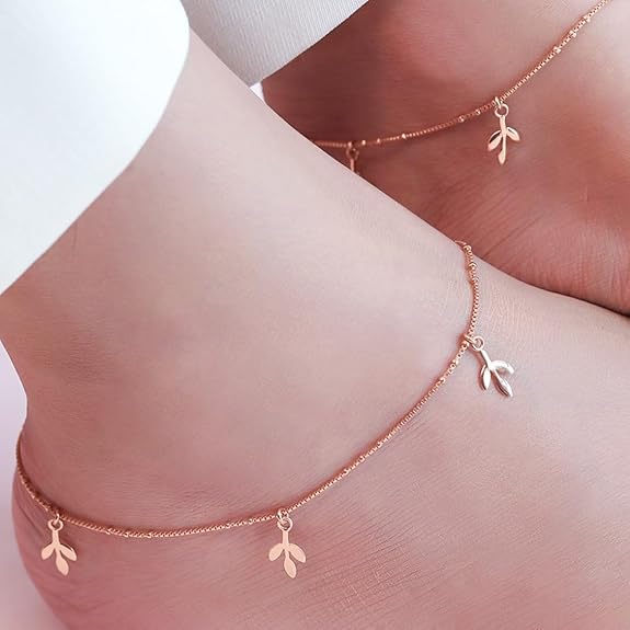 LukGud Silver Modest Leaf Rose Gold Plating Chain Anklet (Pair) | | Gift for Women & Girls