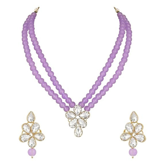 LukGud 18k Gold Plated Traditional Kundan & Pearl Studded Necklace Jewellery Set For Women
