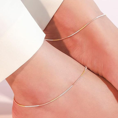 LukGud  Silver Triple Tone Plated Sleek Chain Anklets (Pair) for Women |