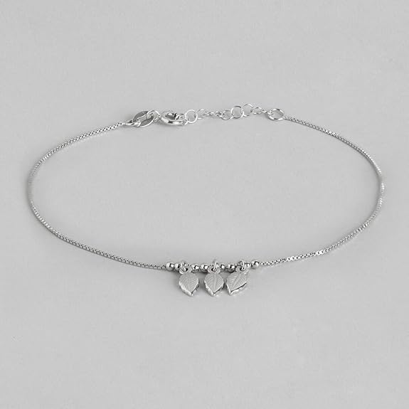 LukGud  Silver Leaves Beaded Rhodium Plated Adjustable Chain Anklet (Single) | Gift for Women and Girls |