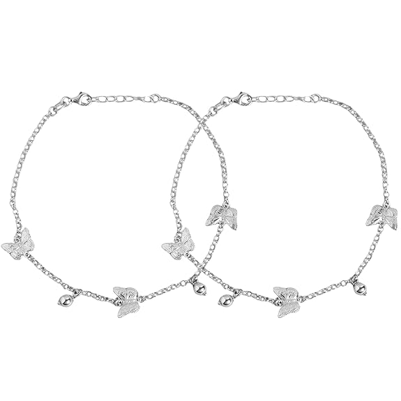 LukGud Silver Beads Butterfly Rhodium Plating Charm Anklet (Pair) | Gift for Women & Girls | With Certificate of Authenticity & 925 Stamp | Women's Day