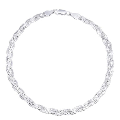 LukGud Silver Braided Rhodium Plated Anklet (Single) | Gift for Women & Girls |