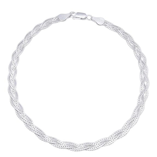 LukGud Silver Braided Rhodium Plated Anklet (Single) | Gift for Women & Girls |