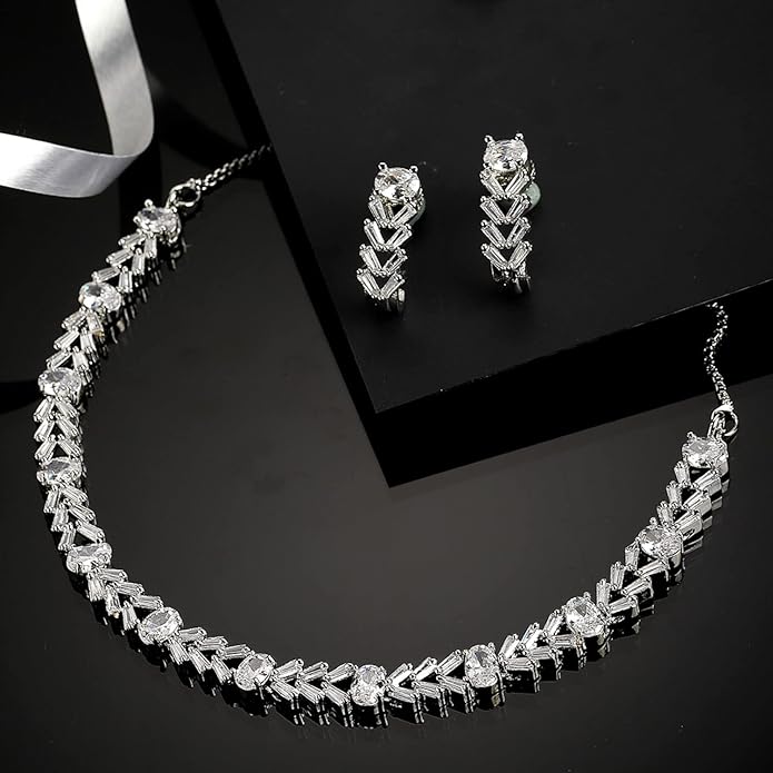 LukGud American Diamond Studded Necklace With Earring Jewellery Set For Woment and Girl