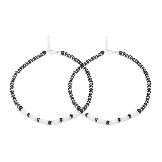 Silver Designer Black Rhodium Plated Adjustable Beaded Anklet (Pair) | Gift for Women & Girls |