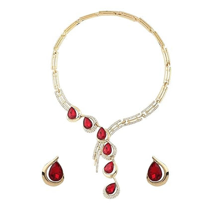 LukGud Stylish Fancy Gold Plated Crystal Earrings Necklace Jewellery Set for Women