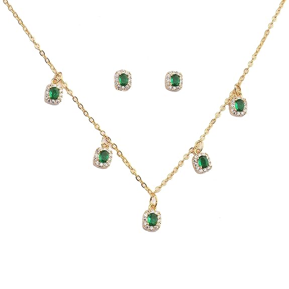 LukGud Green Emerald 18k Gold Plated Jewelry Set for Women | Necklace & Earrings