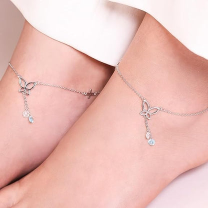 LukGud Silver Cubic Zirconia CZ Drop Adjustable Rhodium Plated Chain Anklet (Pair) | Gift for Women & Girls |