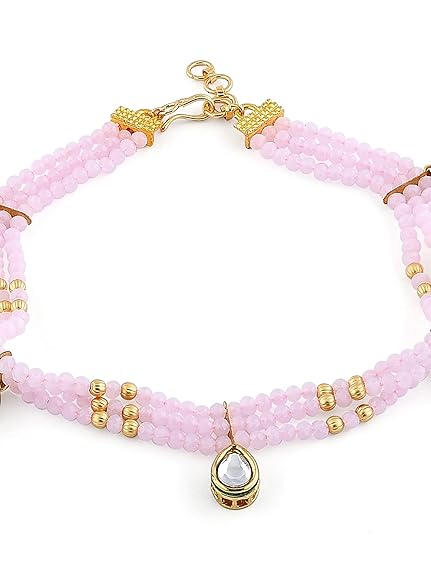 LukGud  Pink Crystal Beads Wedding Collection Kundan Payal For Women (2 Anklets)