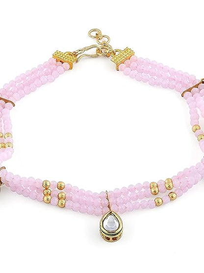 LukGud  Pink Crystal Beads Wedding Collection Kundan Payal For Women (2 Anklets)