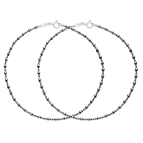 LukGud Silver Beaded Black Rhodium Plated Chain Anklet (Pair) | Gift for Women & Girls |