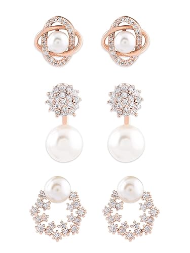 LukGud Combo of 3 Cubic Zirconia & Pearls Contemporary Stud Earrings For Women