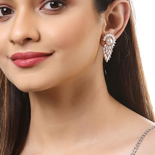 LukGud Rose Gold Plated Crescent Contemporary Floral Embelished Designed Stud Earring Jewellery For Girls and Women