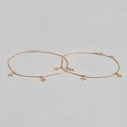 LukGud Silver Modest Leaf Rose Gold Plating Chain Anklet (Pair) | | Gift for Women & Girls