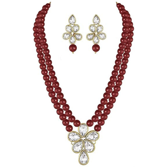 LukGud  18k Gold Plated Traditional Kundan & Pearl Studded Necklace Jewellery Set For Women