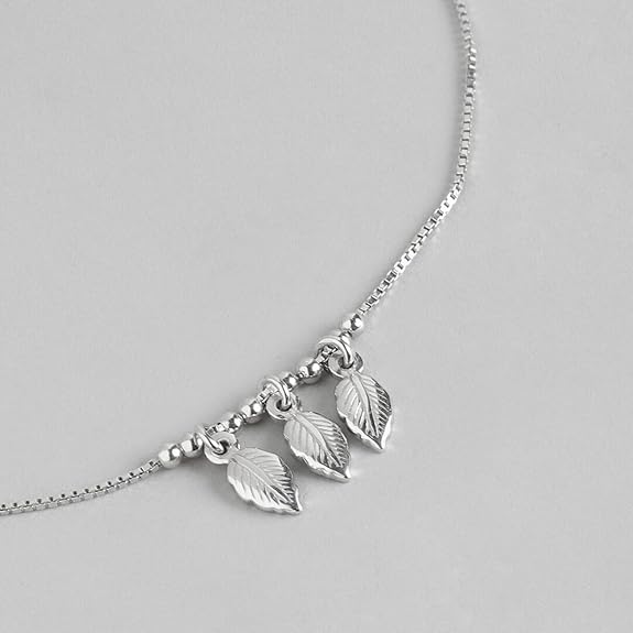 LukGud  Silver Leaves Beaded Rhodium Plated Adjustable Chain Anklet (Single) | Gift for Women and Girls |