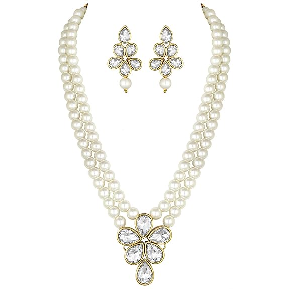 LukGud 18k Gold Plated Traditional Kundan & Pearl Studded Necklace Jewellery Set For Women