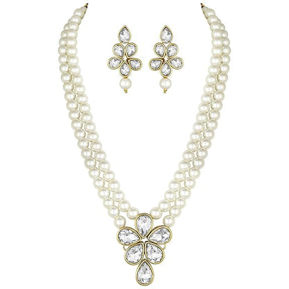 LukGud 18k Gold Plated Traditional Kundan & Pearl Studded Necklace Jewellery Set For Women
