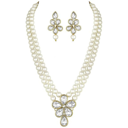 LukGud 18k Gold Plated Traditional Kundan & Pearl Studded Necklace Jewellery Set For Women