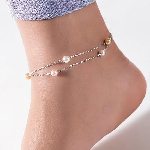 LukGud  Silver Freshwater Pearl Minimal Rhodium Plating Chain Anklet (Single) | Gift for Women & Girls |