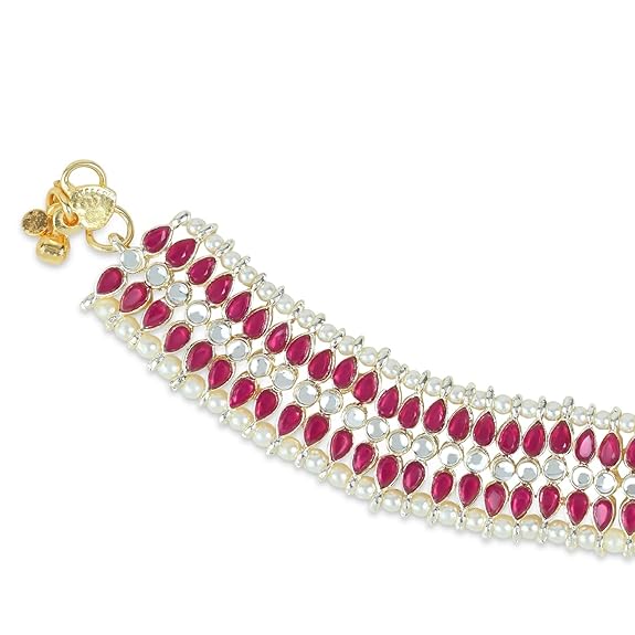 LukGud Alloy Gold Plated Kundan Pearl Payal Anklet for Women