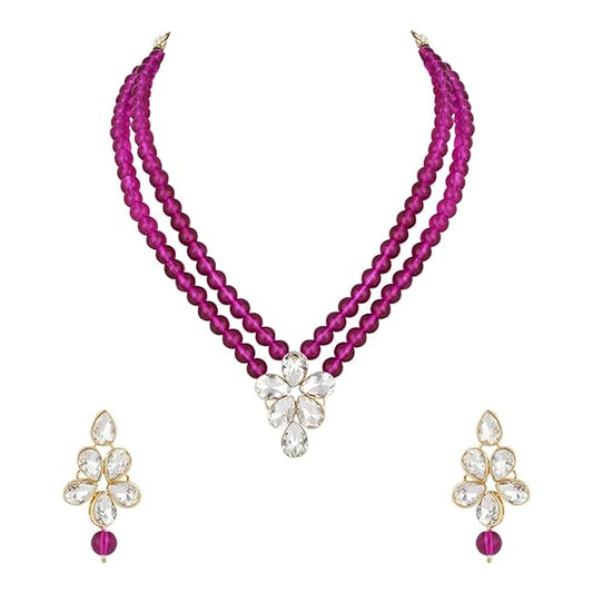 LuKGud 18k Gold Plated Traditional Kundan & Pearl Studded Necklace Jewellery Set For Women
