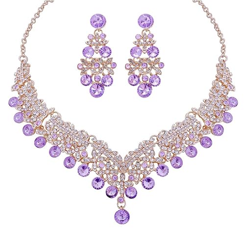 LukGud Stylish Design Fancy Wedding Party Crystal Diamonds Necklace Jewellery Set for Women