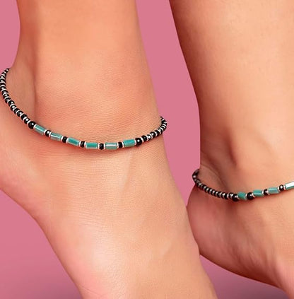 LukGud Silver Designer Black and Green Rhodium Plated Adjustable Beaded Anklet (Pair) | Gift for Women & Girls |