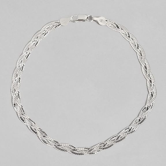 LukGud Silver Braided Rhodium Plated Anklet (Single) | Gift for Women & Girls |