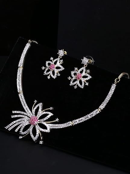 LukGud Rosegold Rhodium Plated AD Necklace Set for Women | Birthday Gift for Girls & Women