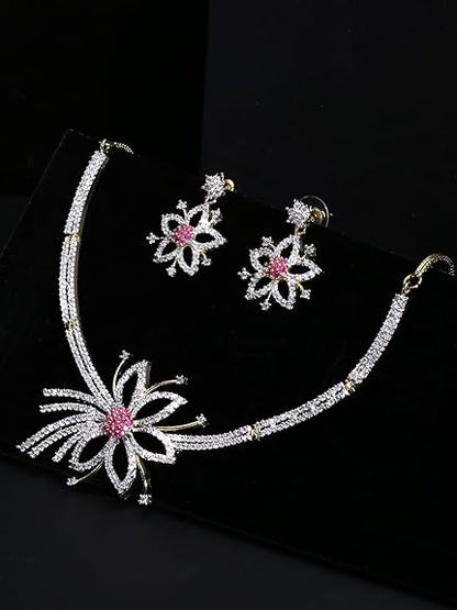 LukGud Rosegold Rhodium Plated AD Necklace Set for Women | Birthday Gift for Girls & Women
