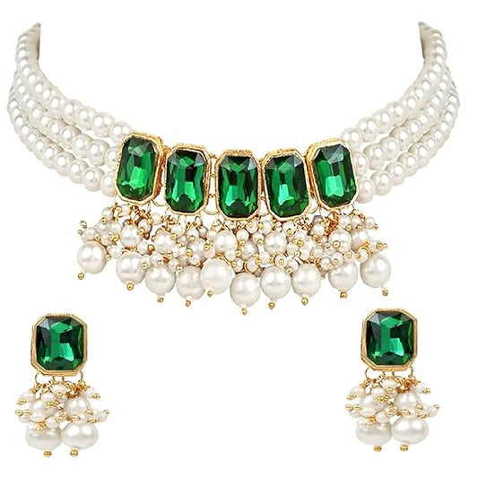 LukGud White Pearl Choker Necklace Jewellery Set with Earrings for Women And Girls