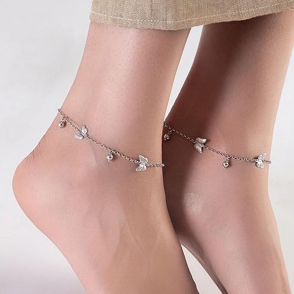 LukGud Silver Beads Butterfly Rhodium Plating Charm Anklet (Pair) | Gift for Women & Girls | With Certificate of Authenticity & 925 Stamp | Women's Day