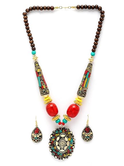 LukGud Latest Stylish Traditional Tibetan Pendant Necklace Jewellery Set for Women