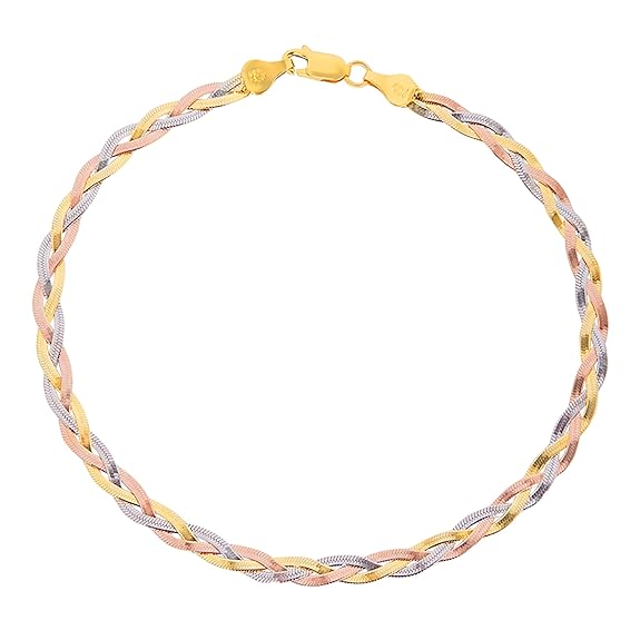 LukGud Silver Braided Triple Tone Multicolour Rhodium, Gold and Rose Gold Plated Chain Anklet