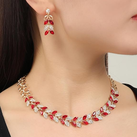 LukGud  Latest Stylish Design Fancy Wedding Party Crystal Necklace Jewellery Set for Women