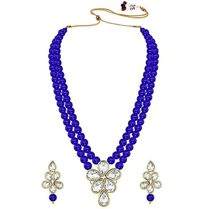 LukGud 18k Gold Plated Traditional Kundan & Pearl Studded Necklace Jewellery Set For Women