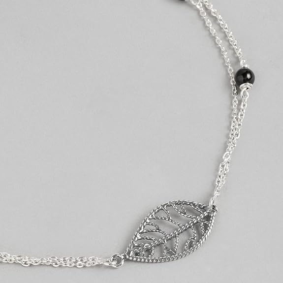 Silver Layered Designer Leaf Beaded Rhodium Plated Adjustable Chain Anklet (Single) | Gift for Women & Girls