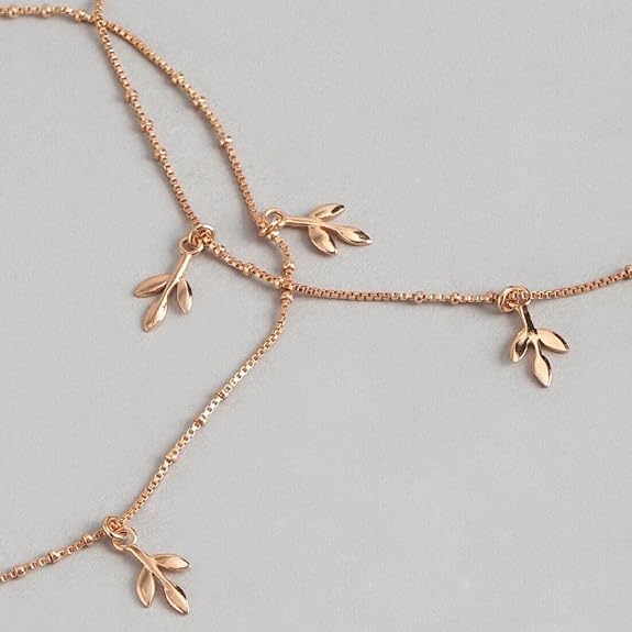 LukGud Silver Modest Leaf Rose Gold Plating Chain Anklet (Pair) | | Gift for Women & Girls