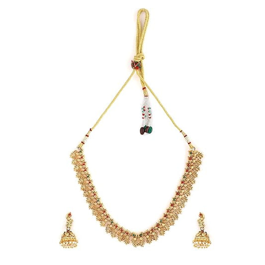 LukGud 22k Gold-Plated Red & Green Stone Studded Handcrafted Traditional Temple Jewellery Set For Women
